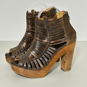 Sbicca Vintage Womens Shoes 7 US Brown Leather Woven Cage Platform Sandals Boho